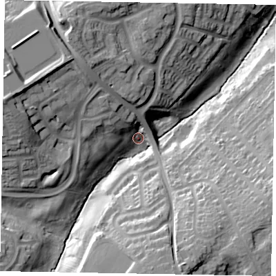 Shaded relief map of the ground around NN85BL, computed from Environment Agency LiDAR. The ground here sits at about 70 m above sea level and falls 34 m across the surrounding 800 m. Surface water reaching this point runs off ground lying to the west-north-west, 26.1 m higher.