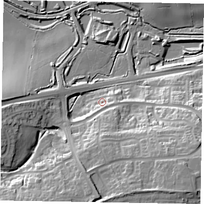 Shaded relief map of the ground around NN85ZA, computed from Environment Agency LiDAR. The ground here sits at about 75 m above sea level and falls 34 m across the surrounding 800 m. Surface water reaching this point runs off ground lying to the south-south-east, 5.3 m higher.