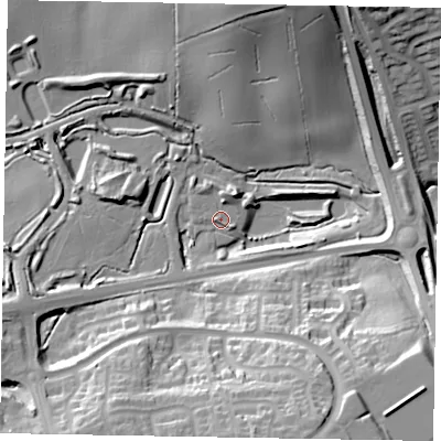 Shaded relief map of the ground around NN86AD, computed from Environment Agency LiDAR. The ground here sits at about 65 m above sea level and falls 33 m across the surrounding 800 m. Surface water reaching this point runs off ground lying to the south-south-east, 32.4 m higher.
