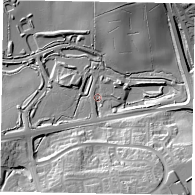 Shaded relief map of the ground around NN86DH, computed from Environment Agency LiDAR. The ground here sits at about 65 m above sea level and falls 33 m across the surrounding 800 m. Surface water reaching this point runs off ground lying to the south-south-east, 32.6 m higher.
