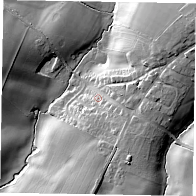 Shaded relief map of the ground around NN95BH, computed from Environment Agency LiDAR. The ground here sits at about 80 m above sea level and falls 25 m across the surrounding 800 m. Surface water reaching this point runs off ground lying to the south, 15.7 m higher.