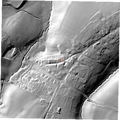 Shaded relief map of the ground around NN95BL, computed from Environment Agency LiDAR. The ground here sits at about 84 m above sea level and falls 25 m across the surrounding 800 m. Surface water reaching this point runs off ground lying to the east, 5.3 m higher.