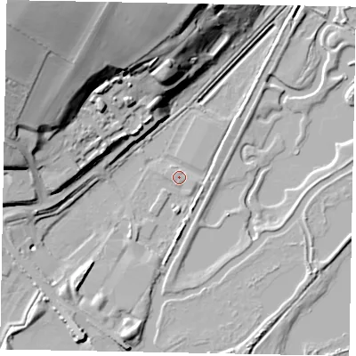 Shaded relief map of the ground around NN95FQ, computed from Environment Agency LiDAR. The ground here sits at about 36 m above sea level and falls 38 m across the surrounding 800 m. Surface water reaching this point runs off ground lying to the north-north-west, 1.2 m higher.