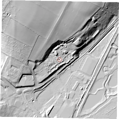Shaded relief map of the ground around NN95GX, computed from Environment Agency LiDAR. The ground here sits at about 44 m above sea level and falls 42 m across the surrounding 800 m. Surface water reaching this point runs off ground lying to the north-west, 30.9 m higher.