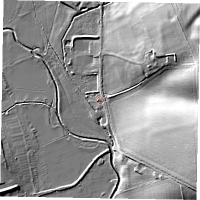 Shaded relief map of the ground around NN95NQ, computed from Environment Agency LiDAR. The ground here sits at about 52 m above sea level and falls 27 m across the surrounding 800 m. Surface water reaching this point runs off ground lying to the north-east, 14.8 m higher.