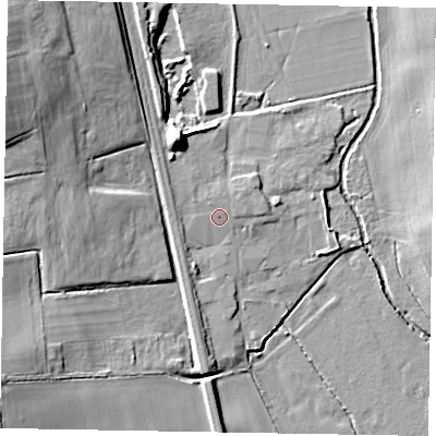 Shaded relief map of the ground around NN95NY, computed from Environment Agency LiDAR. The ground here sits at about 51 m above sea level and falls 18 m across the surrounding 800 m. Surface water reaching this point runs off ground lying to the north-north-west, 2.3 m higher.