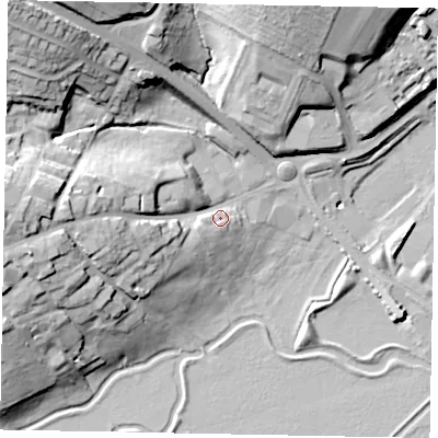 Shaded relief map of the ground around NN95QE, computed from Environment Agency LiDAR. The ground here sits at about 42 m above sea level and falls 32 m across the surrounding 800 m. Surface water reaching this point runs off ground lying to the west, 17.4 m higher.