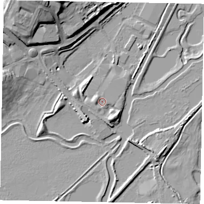 Shaded relief map of the ground around NN95QF, computed from Environment Agency LiDAR. The ground here sits at about 37 m above sea level and falls 22 m across the surrounding 800 m. Surface water reaching this point runs off ground lying to the south-south-east, 3.9 m higher.