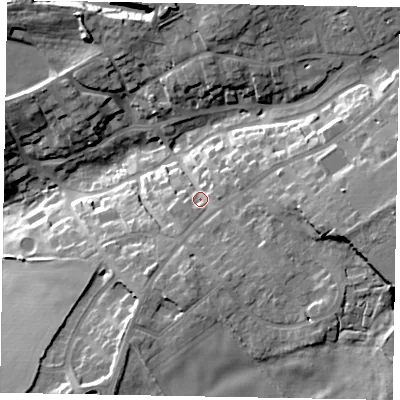 Shaded relief map of the ground around NN95QG, computed from Environment Agency LiDAR. The ground here sits at about 78 m above sea level and falls 25 m across the surrounding 800 m. Surface water reaching this point runs off ground lying to the east, 11.9 m higher.