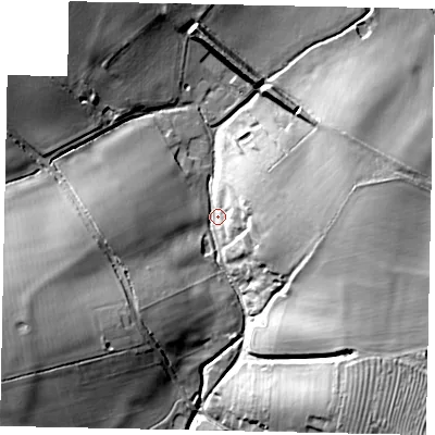 Shaded relief map of the ground around NN96BP, computed from Environment Agency LiDAR. The ground here sits at about 59 m above sea level and falls 23 m across the surrounding 800 m. Surface water reaching this point runs off ground lying to the south-east, 21.1 m higher.