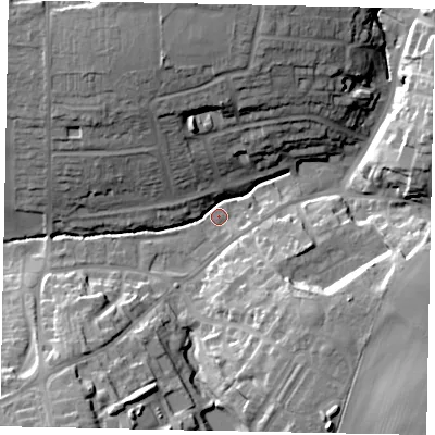Shaded relief map of the ground around NN96DN, computed from Environment Agency LiDAR. The ground here sits at about 45 m above sea level and falls 24 m across the surrounding 800 m. Surface water reaching this point runs off ground lying to the north, 23.5 m higher.