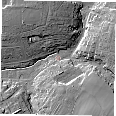 Shaded relief map of the ground around NN96DP, computed from Environment Agency LiDAR. The ground here sits at about 46 m above sea level and falls 25 m across the surrounding 800 m. Surface water reaching this point runs off ground lying to the south-east, 20.9 m higher.