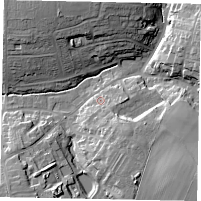 Shaded relief map of the ground around NN96DS, computed from Environment Agency LiDAR. The ground here sits at about 50 m above sea level and falls 24 m across the surrounding 800 m. Surface water reaching this point runs off ground lying to the south-east, 12.0 m higher.