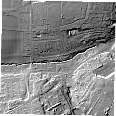 Shaded relief map of the ground around NN96EF, computed from Environment Agency LiDAR. The ground here sits at about 47 m above sea level and falls 25 m across the surrounding 800 m. Surface water reaching this point runs off ground lying to the north-north-east, 23.1 m higher.