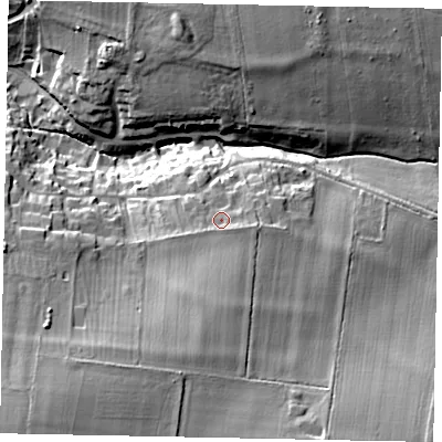 Shaded relief map of the ground around NN96GD, computed from Environment Agency LiDAR. The ground here sits at about 62 m above sea level and falls 24 m across the surrounding 800 m. Surface water reaching this point runs off ground lying to the south-south-west, 6.1 m higher.