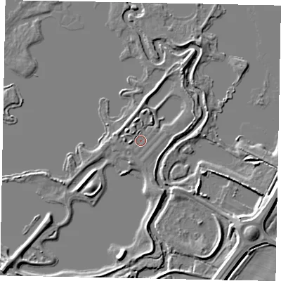 Shaded relief map of the ground around NN96GY, computed from Environment Agency LiDAR. The ground here sits at about 35 m above sea level and falls 6 m across the surrounding 800 m. Surface water reaching this point runs off ground lying to the north-west, 2.2 m higher.