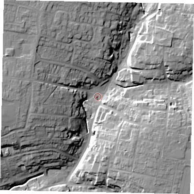 Shaded relief map of the ground around NN96HP, computed from Environment Agency LiDAR. The ground here sits at about 49 m above sea level and falls 24 m across the surrounding 800 m. Surface water reaching this point runs off ground lying to the north-west, 19.3 m higher.