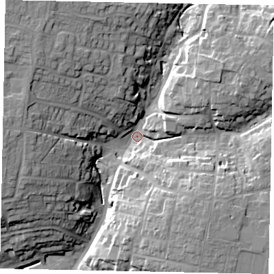 Shaded relief map of the ground around NN96HS, computed from Environment Agency LiDAR. The ground here sits at about 49 m above sea level and falls 24 m across the surrounding 800 m. Surface water reaching this point runs off ground lying to the north-west, 19.8 m higher.