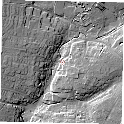 Shaded relief map of the ground around NN96HT, computed from Environment Agency LiDAR. The ground here sits at about 53 m above sea level and falls 23 m across the surrounding 800 m. Surface water reaching this point runs off ground lying to the south-east, 12.1 m higher.