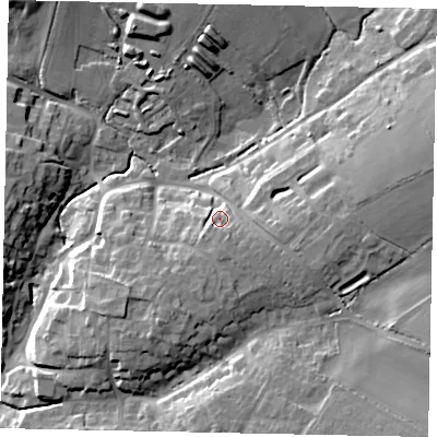 Shaded relief map of the ground around NN96JF, computed from Environment Agency LiDAR. The ground here sits at about 60 m above sea level and falls 18 m across the surrounding 800 m. Surface water reaching this point runs off ground lying to the south, 6.2 m higher.