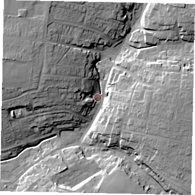 Shaded relief map of the ground around NN96LL, computed from Environment Agency LiDAR. The ground here sits at about 47 m above sea level and falls 24 m across the surrounding 800 m. Surface water reaching this point runs off ground lying to the north-west, 21.7 m higher.