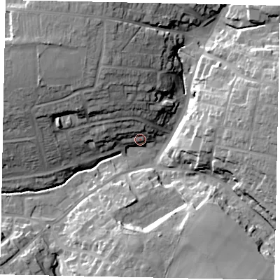 Shaded relief map of the ground around NN96NR, computed from Environment Agency LiDAR. The ground here sits at about 50 m above sea level and falls 25 m across the surrounding 800 m. Surface water reaching this point runs off ground lying to the east, 20.1 m higher.