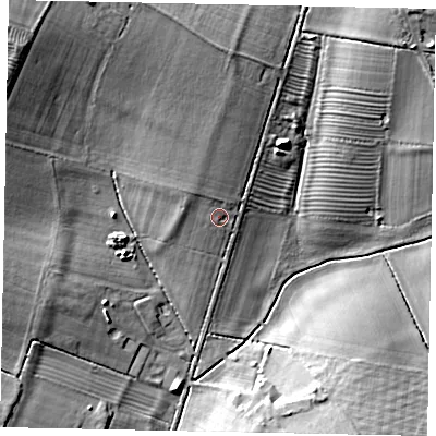 Shaded relief map of the ground around NN96NT, computed from Environment Agency LiDAR. The ground here sits at about 66 m above sea level and falls 19 m across the surrounding 800 m. Surface water reaching this point runs off ground lying to the north-north-west, 2.1 m higher.