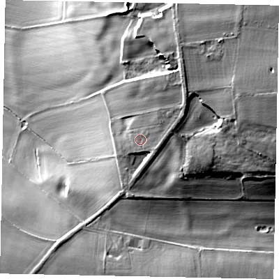 Shaded relief map of the ground around NN96QF, computed from Environment Agency LiDAR. The ground here sits at about 66 m above sea level and falls 31 m across the surrounding 800 m. Surface water reaching this point runs off ground lying to the east-north-east, 3.4 m higher.