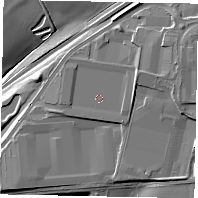 Shaded relief map of the ground around NN96RJ, computed from Environment Agency LiDAR. The ground here sits at about 62 m above sea level and falls 21 m across the surrounding 800 m. Surface water reaching this point runs off ground lying to the east-north-east, 3.3 m higher.