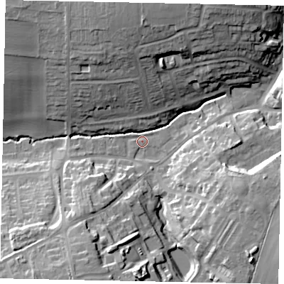 Shaded relief map of the ground around NN96RQ, computed from Environment Agency LiDAR. The ground here sits at about 45 m above sea level and falls 24 m across the surrounding 800 m. Surface water reaching this point runs off ground lying to the north-north-east, 22.1 m higher.