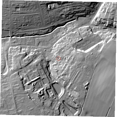 Shaded relief map of the ground around NN96TT, computed from Environment Agency LiDAR. The ground here sits at about 51 m above sea level and falls 23 m across the surrounding 800 m. Surface water reaching this point runs off ground lying to the east-south-east, 10.9 m higher.