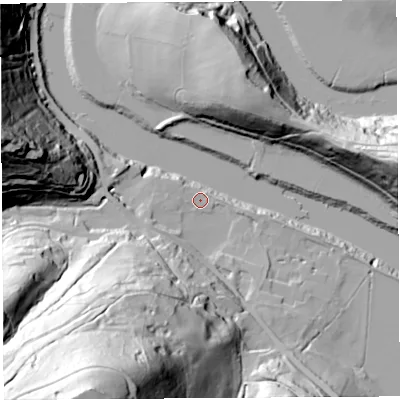 Shaded relief map of the ground around NP166TB, computed from Environment Agency LiDAR. The ground here sits at about 9 m above sea level and falls 127 m across the surrounding 800 m. Surface water reaching this point runs off ground lying to the south-south-west, 121.0 m higher.