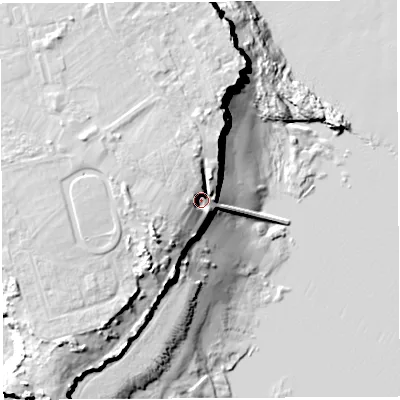 Shaded relief map of the ground around NP167HH, computed from Environment Agency LiDAR. The ground here sits at about 11 m above sea level and falls 25 m across the surrounding 800 m. Surface water reaching this point runs off ground lying to the north-north-west, 8.8 m higher.