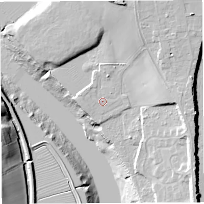 Shaded relief map of the ground around NP167HQ, computed from Environment Agency LiDAR. The ground here sits at about 9 m above sea level and falls 35 m across the surrounding 800 m. Surface water reaching this point runs off ground lying to the north-north-east, 2.0 m higher.