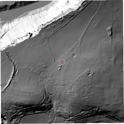 Shaded relief map of the ground around NP167JD, computed from Environment Agency LiDAR. The ground here sits at about 118 m above sea level and falls 141 m across the surrounding 800 m. Surface water reaching this point runs off ground lying to the east-north-east, 1.4 m higher.