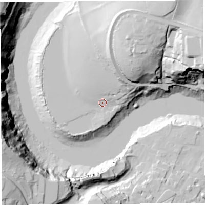 Shaded relief map of the ground around NP167LB, computed from Environment Agency LiDAR. The ground here sits at about 9 m above sea level and falls 72 m across the surrounding 800 m. Surface water reaching this point runs off ground lying to the north-north-east, 18.9 m higher.