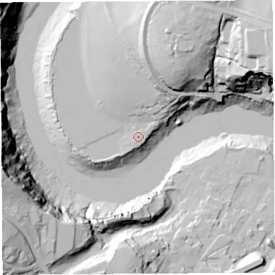 Shaded relief map of the ground around NP167LD, computed from Environment Agency LiDAR. The ground here sits at about 9 m above sea level and falls 71 m across the surrounding 800 m. Surface water reaching this point runs off ground lying to the north-north-east, 17.2 m higher.