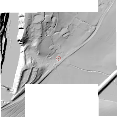 Shaded relief map of the ground around NP167LH, computed from Environment Agency LiDAR. The ground here sits at about 17 m above sea level and falls 58 m across the surrounding 800 m. Surface water reaching this point runs off ground lying to the north-west, 47.3 m higher.