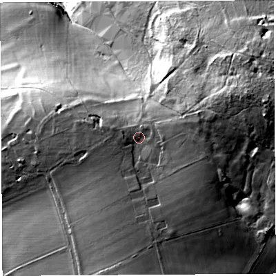 Shaded relief map of the ground around NP167LZ, computed from Environment Agency LiDAR. The ground here sits at about 206 m above sea level and falls 71 m across the surrounding 800 m. Surface water reaching this point runs off ground lying to the east-north-east, 22.3 m higher.