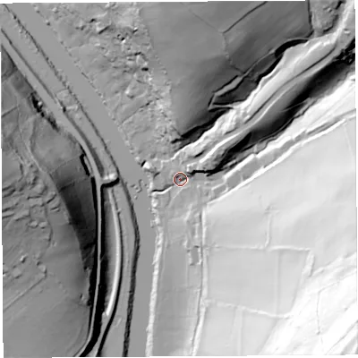 Shaded relief map of the ground around NP167NG, computed from Environment Agency LiDAR. The ground here sits at about 10 m above sea level and falls 143 m across the surrounding 800 m. Surface water reaching this point runs off ground lying to the east-south-east, 106.0 m higher.