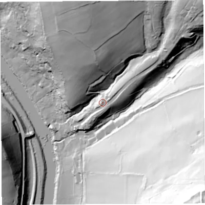 Shaded relief map of the ground around NP167NN, computed from Environment Agency LiDAR. The ground here sits at about 32 m above sea level and falls 150 m across the surrounding 800 m. Surface water reaching this point runs off ground lying to the north-east, 54.5 m higher.