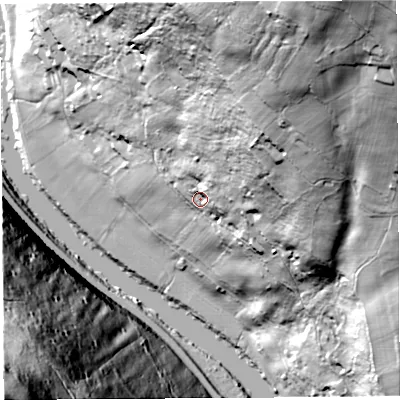 Shaded relief map of the ground around NP167PE, computed from Environment Agency LiDAR. The ground here sits at about 35 m above sea level and falls 150 m across the surrounding 800 m. Surface water reaching this point runs off ground lying to the north-north-east, 95.5 m higher.