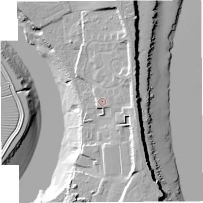 Shaded relief map of the ground around NP167RH, computed from Environment Agency LiDAR. The ground here sits at about 12 m above sea level and falls 25 m across the surrounding 800 m. Surface water reaching this point runs off ground lying to the east, 6.2 m higher.