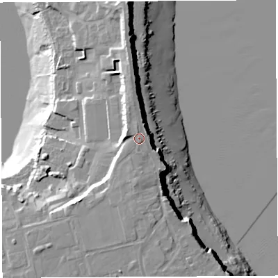 Shaded relief map of the ground around NP167YG, computed from Environment Agency LiDAR. The ground here sits at about 19 m above sea level and falls 25 m across the surrounding 800 m. Surface water reaching this point runs off ground lying to the north, 0.9 m higher.