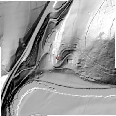 Shaded relief map of the ground around NP253SR, computed from Environment Agency LiDAR. The ground here sits at about 52 m above sea level and falls 176 m across the surrounding 800 m. Surface water reaching this point runs off ground lying to the north-north-east, 14.2 m higher.