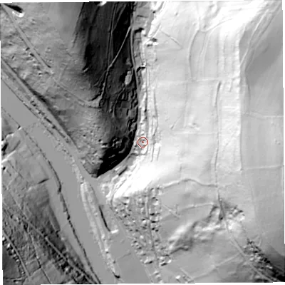 Shaded relief map of the ground around NP254LL, computed from Environment Agency LiDAR. The ground here sits at about 36 m above sea level and falls 164 m across the surrounding 800 m. Surface water reaching this point runs off ground lying to the east, 142.2 m higher.