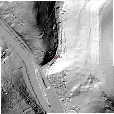 Shaded relief map of the ground around NP254LN, computed from Environment Agency LiDAR. The ground here sits at about 30 m above sea level and falls 162 m across the surrounding 800 m. Surface water reaching this point runs off ground lying to the east, 143.2 m higher.
