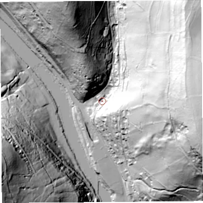 Shaded relief map of the ground around NP254LQ, computed from Environment Agency LiDAR. The ground here sits at about 24 m above sea level and falls 156 m across the surrounding 800 m. Surface water reaching this point runs off ground lying to the east, 144.2 m higher.