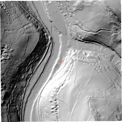 Shaded relief map of the ground around NP254LT, computed from Environment Agency LiDAR. The ground here sits at about 16 m above sea level and falls 153 m across the surrounding 800 m. Surface water reaching this point runs off ground lying to the south-south-east, 100.1 m higher.