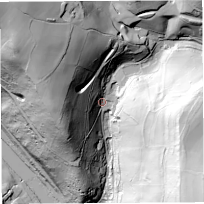 Shaded relief map of the ground around NP254LU, computed from Environment Agency LiDAR. The ground here sits at about 56 m above sea level and falls 160 m across the surrounding 800 m. Surface water reaching this point runs off ground lying to the east-south-east, 96.8 m higher.